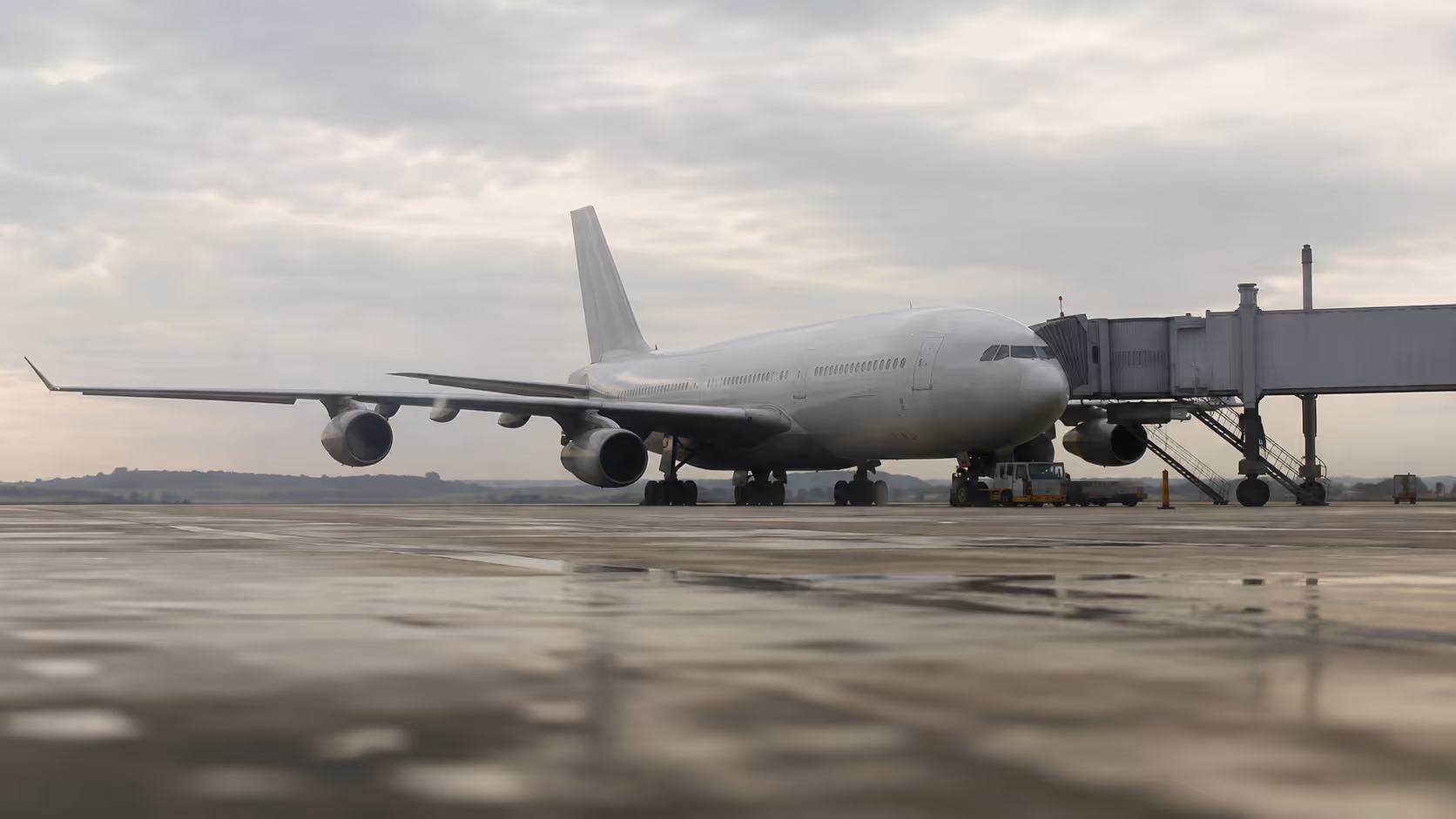 A wide-body airliner parked at a jet bridge on a wet airport apron under an overcast sky.
